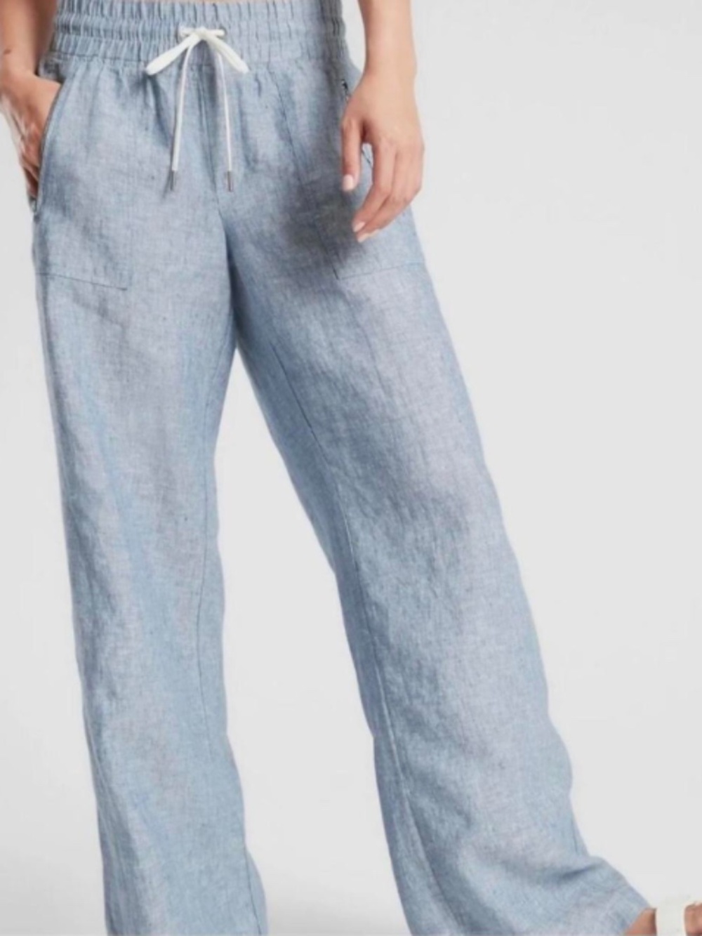 Athleta Cabo Linen Wide Leg Pants Womens 16T Blue Textured Relaxed Breezy Beachy